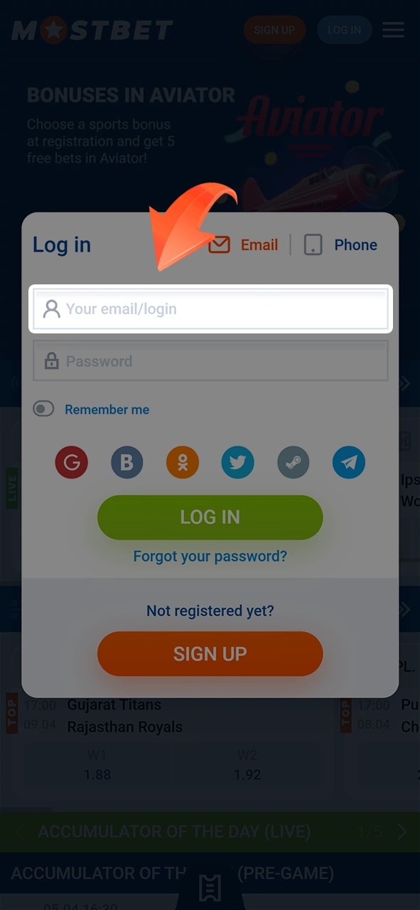 Enter your username in the Mostbet login form.