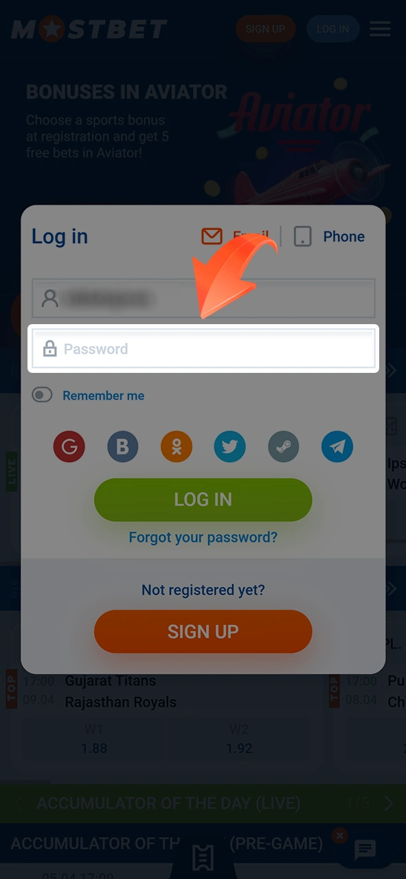 Enter the password from your Mostbet account.