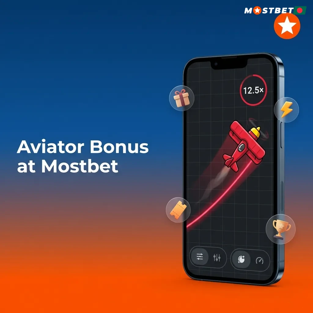 Mostbet welcome bonus banner showing 125% up to 25,000 BDT plus 250 free spins for new players on Aviator game
