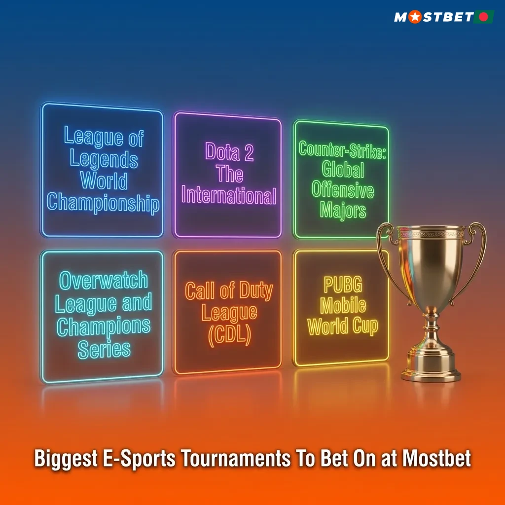 Major e-sports tournaments table showing betting opportunities for Dota 2, CS2, League of Legends, and other games at Mostbet
