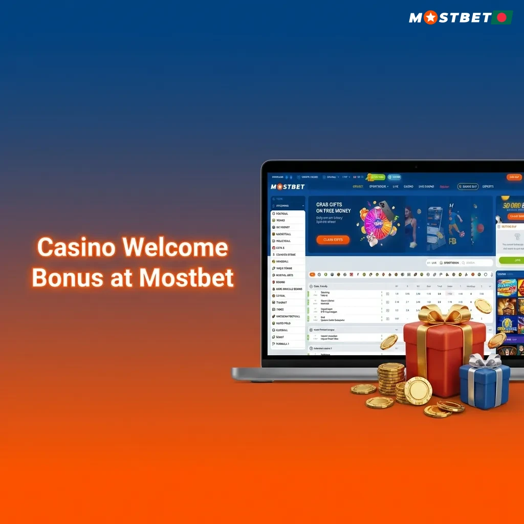 Mostbet casino welcome bonus offering 125% match up to 25,000 BDT plus 250 free spins on slot games