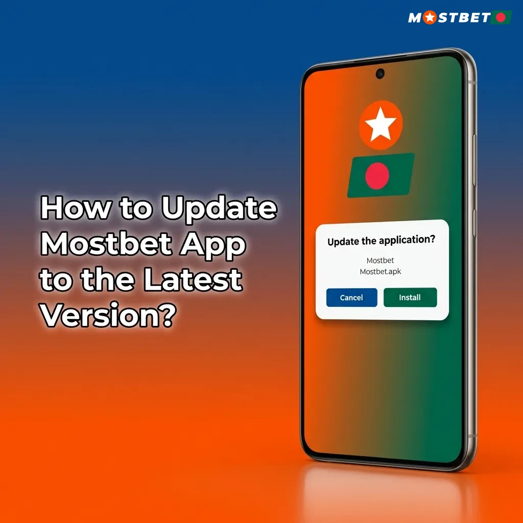 Smartphone screen showing Mostbet app update notification with download button and progress indicator