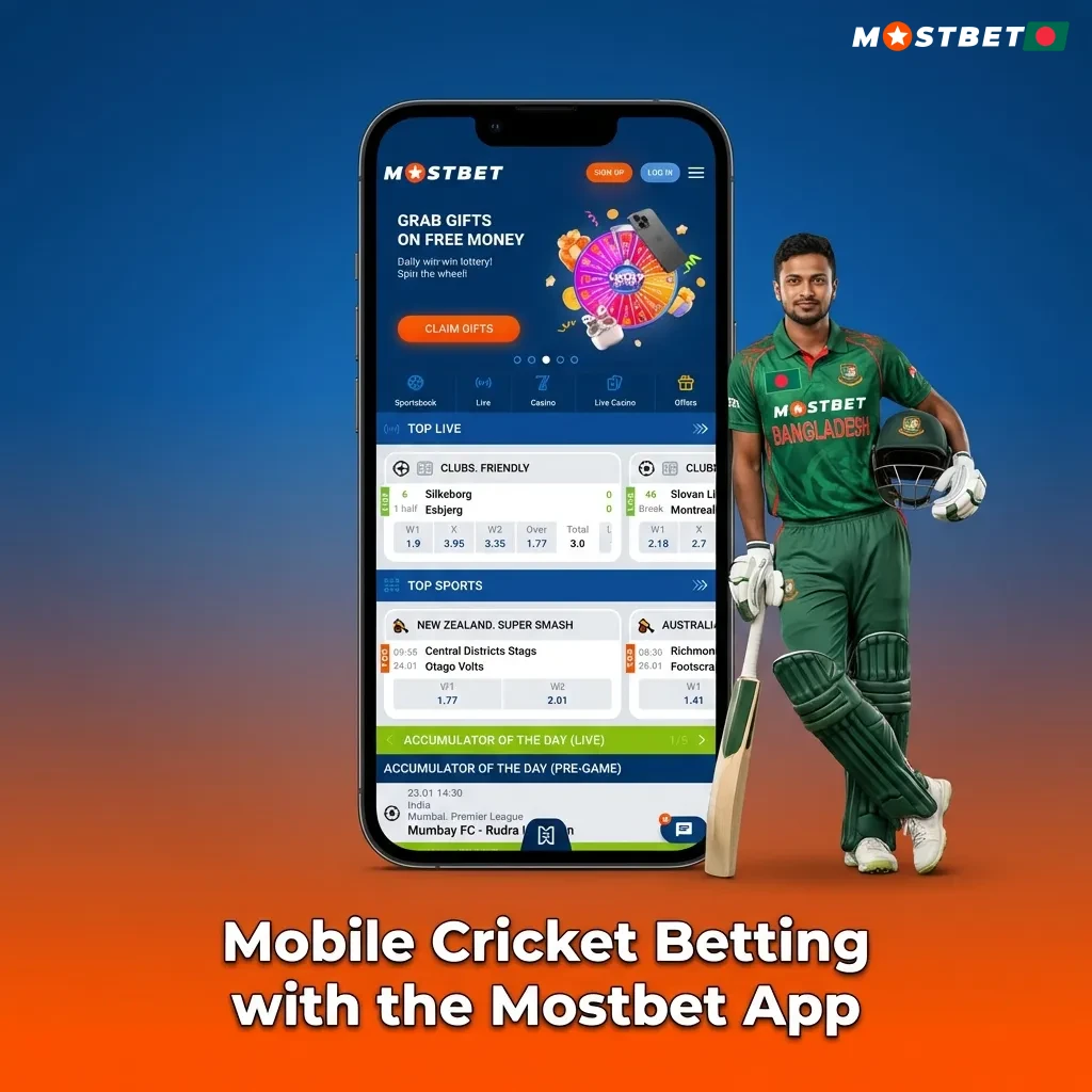 Mobile phone displaying Mostbet cricket betting app interface with live match odds and betting options