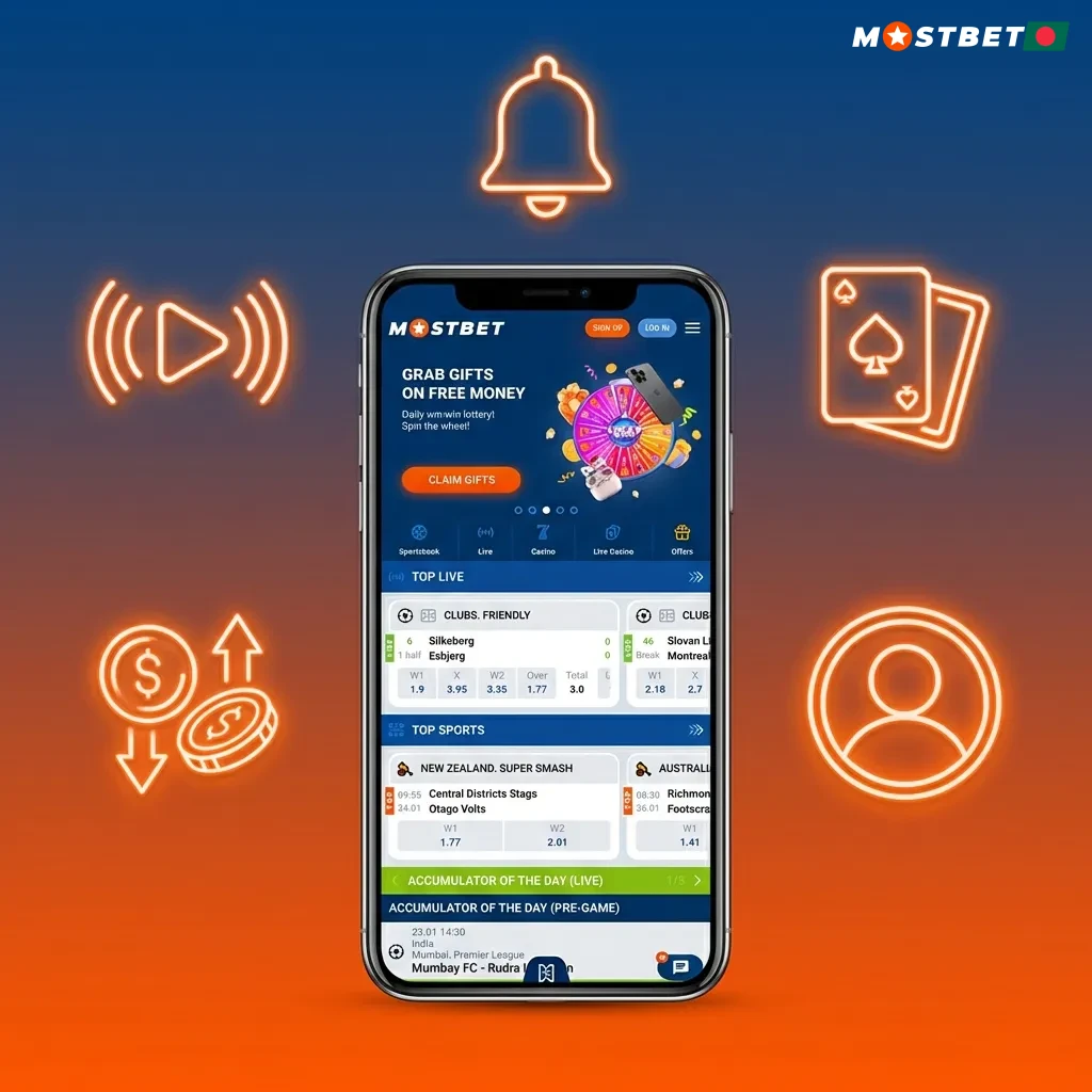 Mostbet app interface showing live betting, casino games, deposit options, and notification features on mobile screen