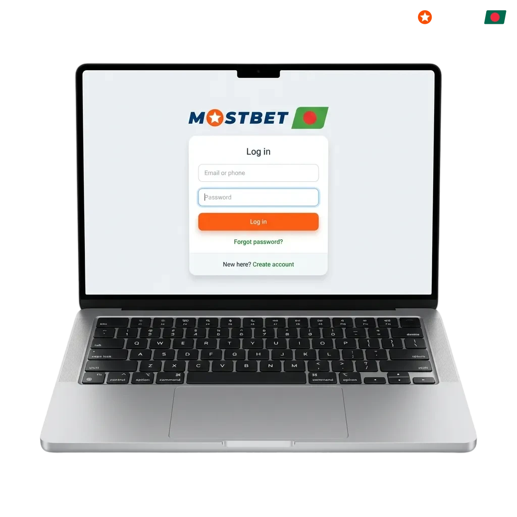 Mostbet login screen for Bangladesh users showing email/phone and password fields with secure access options
