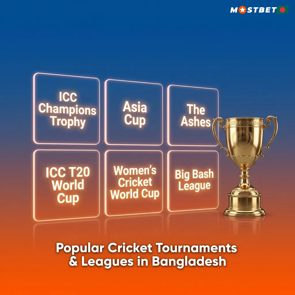 Cricket tournaments including World Cup, IPL, and BPL with betting markets for Bangladesh bettors