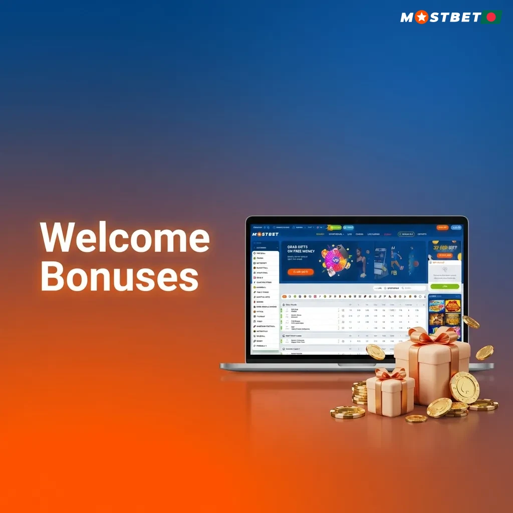 Casino and sports welcome bonus offers showing percentages, amounts in BDT, deposit requirements, and terms