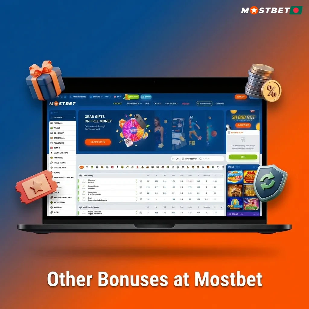 Mostbet bonus promotions including weekly cashback, express boost, birthday bonus, reload offers, and free bet tokens