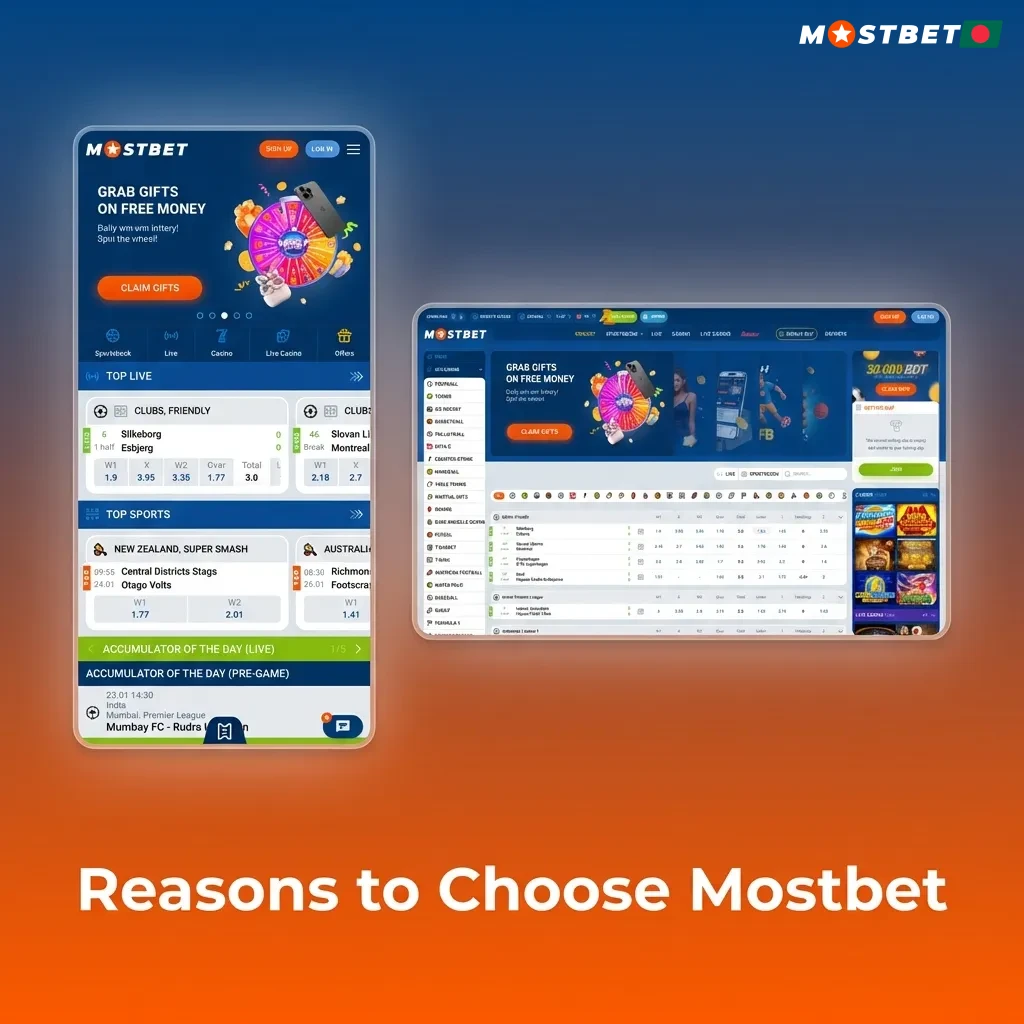 Mostbet platform features displayed on mobile and desktop screens showing sports betting options and payment methods.