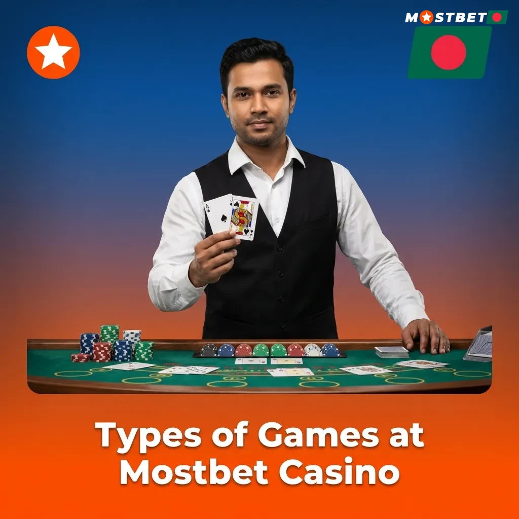 Colorful collage showing various Mostbet Casino game categories including slots, crash games, table games, and jackpot options