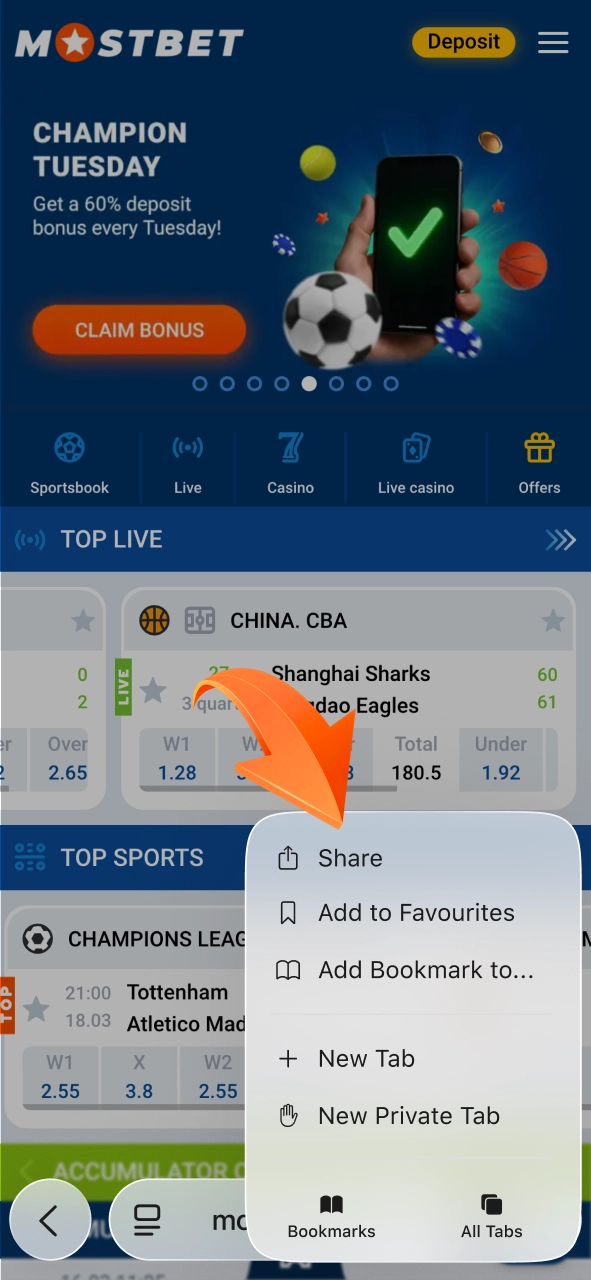 Tap share on Mostbet in safari and continue the iOS installation process.